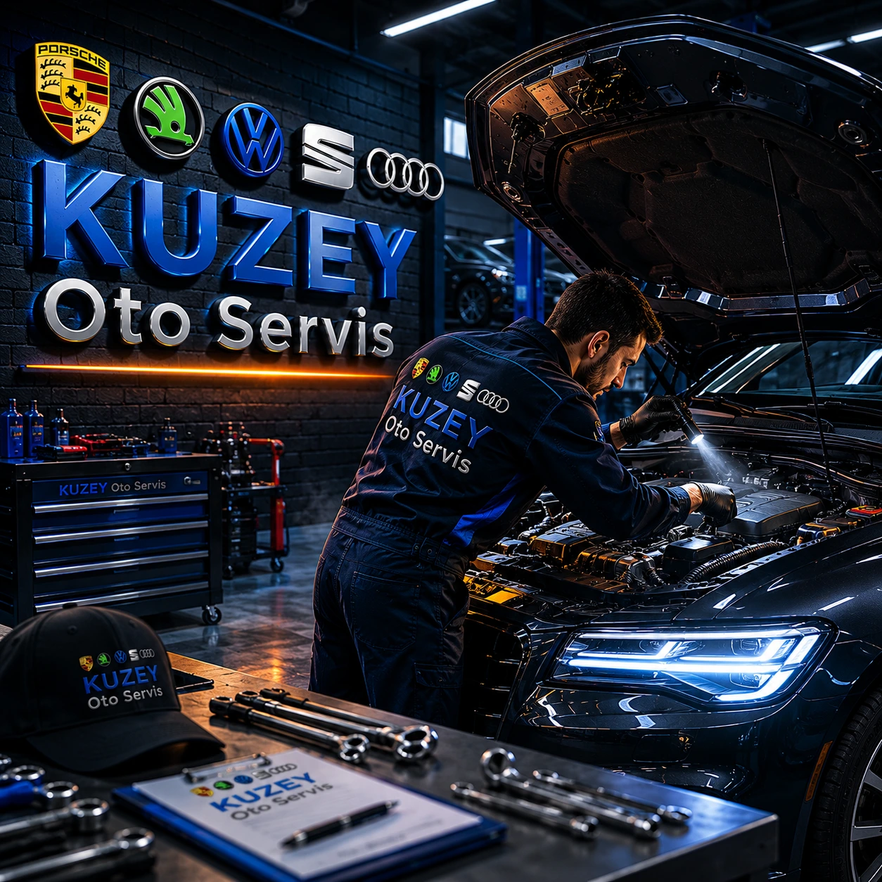 Kuzey Oto Servis teknisyeni Mercedes araca müdahale ederken